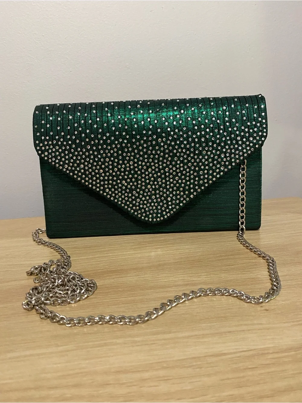 Dasein Emerald Green Rhinestone Envelope Clutch with Silver Chain